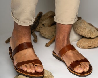 Men's Greek Leather Sandals: Handmade Two-Strap Toe Ring Sandals