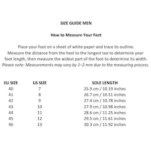 May include: A size guide chart for footwear featuring instructions on how to measure feet by tracing an outline on paper. The table lists EU sizes 40 through 46, corresponding US sizes 7 through 13, and sole lengths in centimetres and inches.