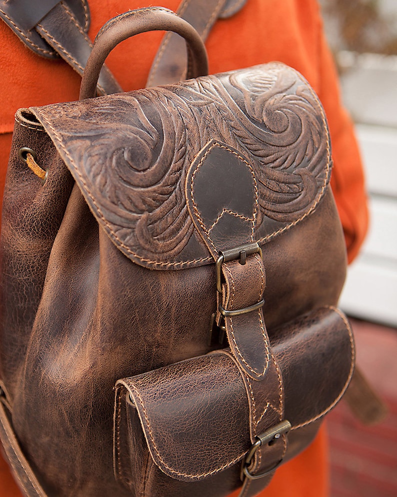 Western leather backpack for women, Tooled leather rucksack, Timeless leather accessories image 3