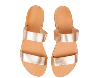 Women's leather slide sandals, Greek leather flat sandals, Two strap leather sandals, Sandales grecques femme, Griechische ledersandale