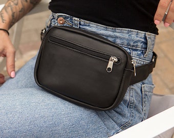 Black leather belt bag for women, Fanny packs leather, Hand made leather hip bag