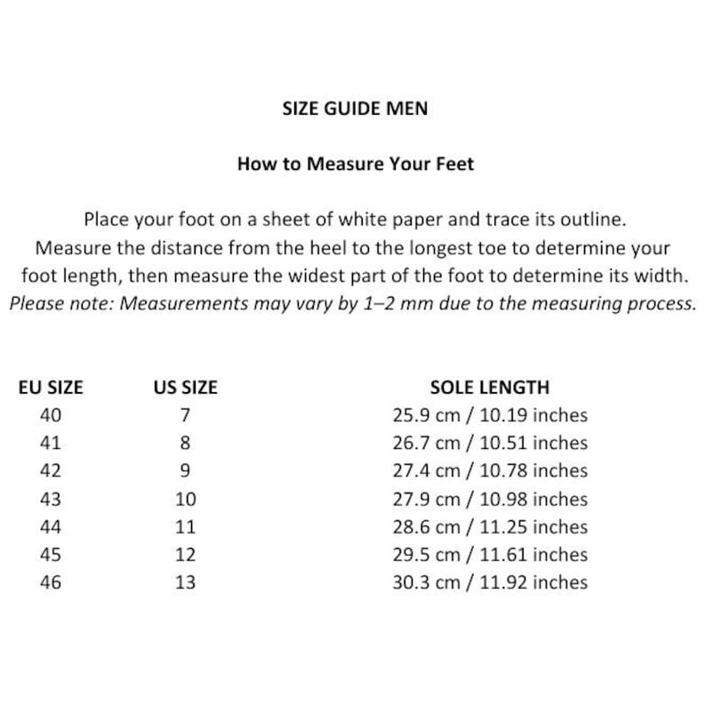 May include: A size guide chart for footwear featuring instructions on how to measure feet by tracing an outline on paper. The table lists EU sizes 40 through 46, corresponding US sizes 7 through 13, and sole lengths in centimeters and inches.