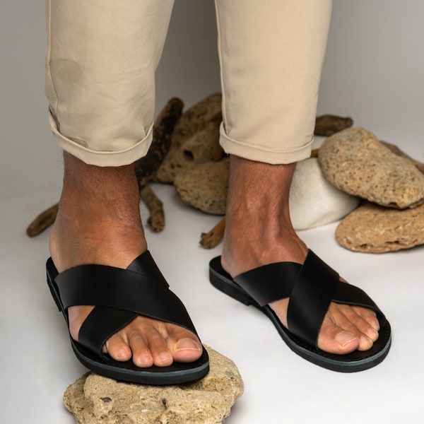 Black leather sandals men, Leather Greek sandals, Minimalist Barefoot leather slides, Sandales cuir homme, Sandalen herren