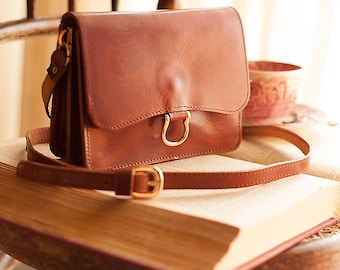 Handmade Leather Crossbody Bag: Brown Tooled Mini Purse