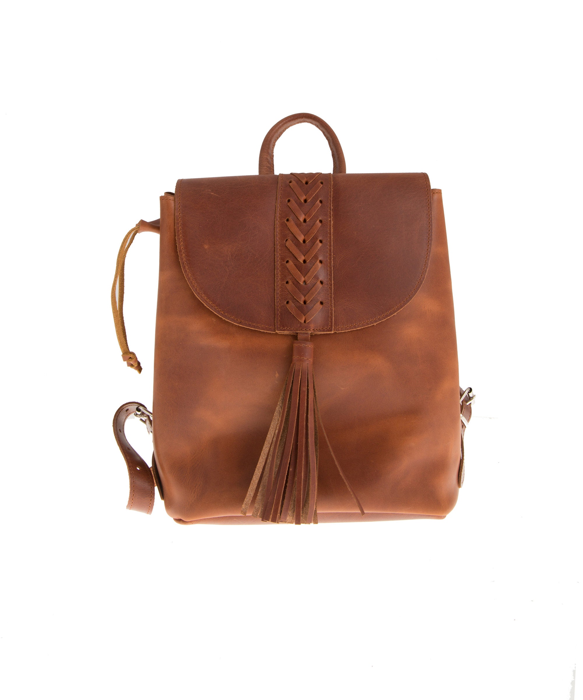 Handmade Full Grain Leather Backpack | Rustic Boho Travel Rucksack Handmade Full Grain Leather Backpack Purse: Boho Brown  main image 3
