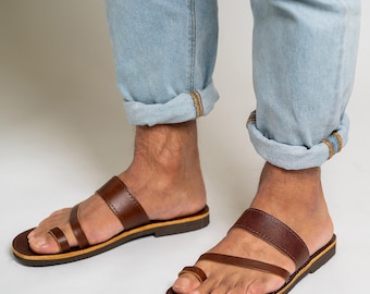 Handmade Brown Leather Toe Ring Sandals - Greek Mens Summer Shoes