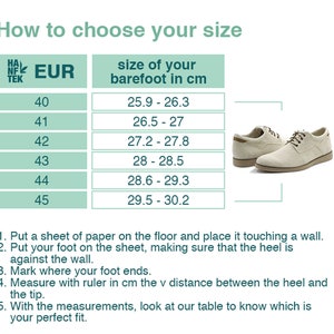 May include: A chart showing how to choose your shoe size based on your foot length in centimeters. The chart shows European shoe sizes from 40 to 45, with corresponding foot lengths from 25.9 to 30.2 centimeters. A pair of beige leather shoes are shown on the right side of the chart.