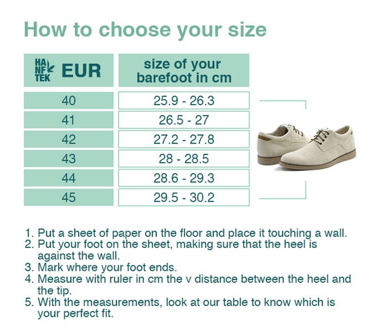 May include: A chart showing how to choose your shoe size based on your foot length in centimeters. The chart shows European shoe sizes from 40 to 45, with corresponding foot lengths from 25.9 to 30.2 centimeters. A pair of beige leather shoes are shown on the right side of the chart.