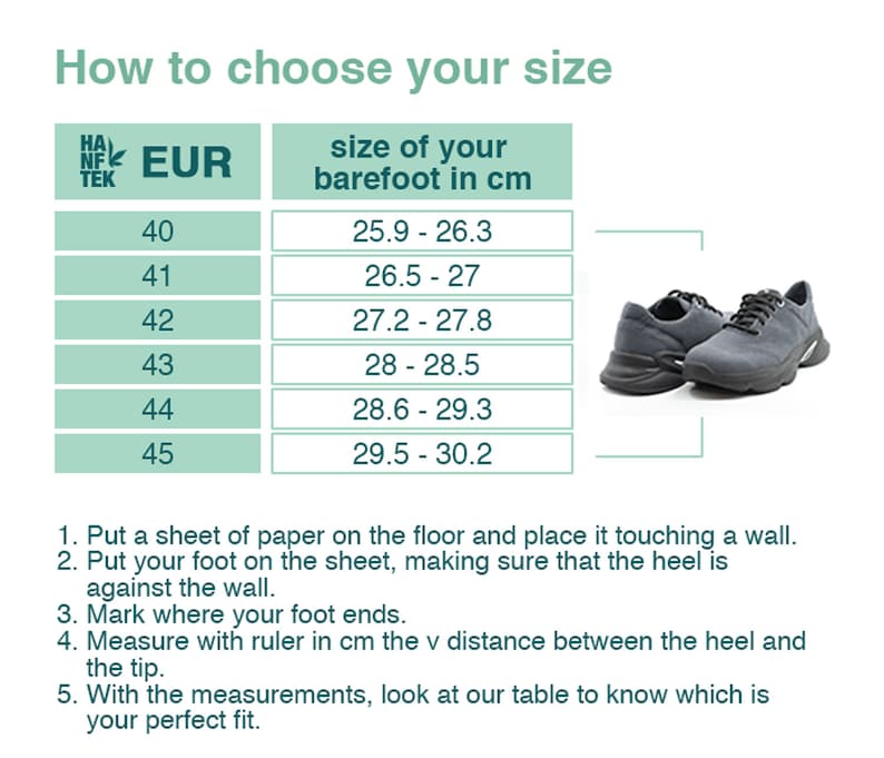 Puede incluir: Un gr&aacute;fico que muestra c&oacute;mo elegir la talla de zapato correcta. El gr&aacute;fico muestra las tallas de zapatos europeas (EUR) y la longitud del pie correspondiente en cent&iacute;metros. El gr&aacute;fico est&aacute; sobre un fondo verde con texto blanco. La imagen tambi&eacute;n muestra un par de zapatillas grises.