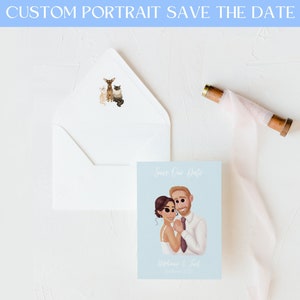 Cartoonportret Save the Date, paarportret bruiloft Save the Date, handgetekende portret Save the Date, stoffige blauwe bruiloft Save the Date