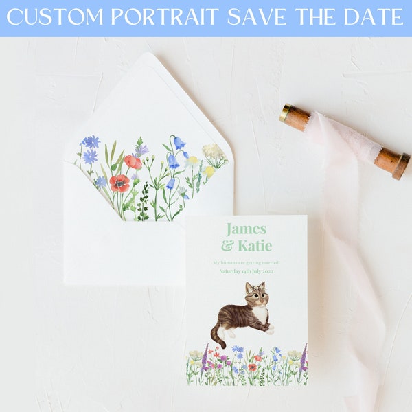 Illustrated Pet Save the Date, Custom Artwork Wedding Invite, Wedding Save the Date Cartoon, Watercolor Save the Date, Caricature Portrait