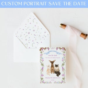 Save the Date con ritratto di matrimonio, Save the Date unici, Save the Date con ritratto di cartone animato con fodere per buste, dipinto personalizzato di animali domestici