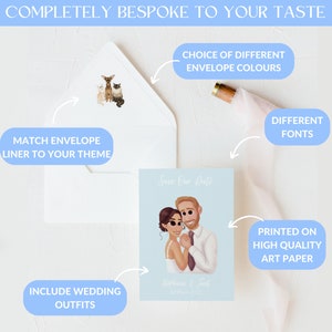 Save the Date per matrimonio con buste, Save the Date personalizzate con dipinto di animali, Save the Date uniche, Save the Date con ritratto disegnato a mano