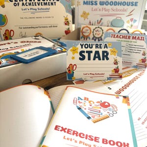 May include: A selection of school-themed stationery, including certificates, cards, and an exercise book. The items feature colorful illustrations of school supplies, stars, and bees, with text that reads "Certificate of Achievement," "You're a Star," and "Exercise Book."