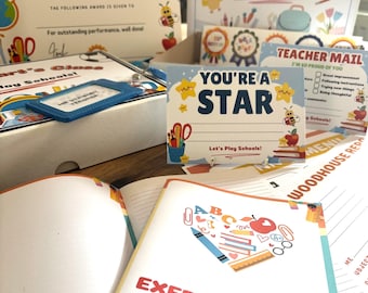 Personalised Let’s Play School Box | Custom Kids Role Play Set with matching Stationery, Exercise Book, Lanyard, Stickers, Pen & Certificate