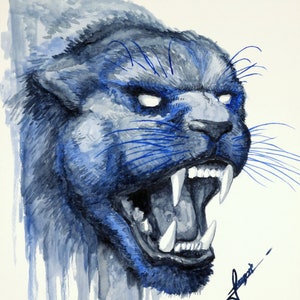 Original watercolor painting blue Panther 24 x 32