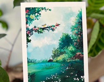 Paisaje de acuarela, póster de aves, ilustración de naturaleza de jardín, dibujo hecho a mano, regalo de arte mural