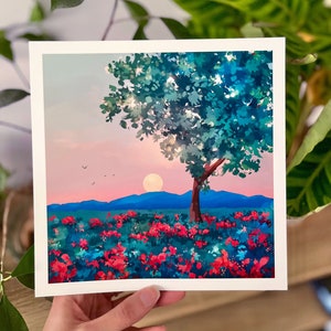 Baum und rote Blumen, Waldnaturplakat, Sonnenuntergang, Berglandschaft
