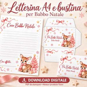 Può includere: Un set di carta da lettere A4 e busta stampabile con un cerbiatto con sciarpa rosa, un albero di Natale rosa e regali. Il testo recita Letterina A4 e bustina per Babbo Natale, Caro Babbo Natale, Con affetto e Per Babbo Natale Polo Nord.