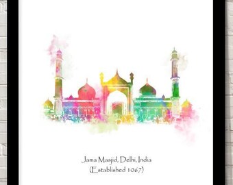 India art Jama Masjid  Islamic art Mosque Watercolour illustration Islamic prints islamic wall art islamic gifts muslim gifts islam art