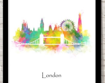 UK Landmarks London skyline Watercolour illustration Print World Landmarks Attractions Famous Landmark Travel Poster historical sites
