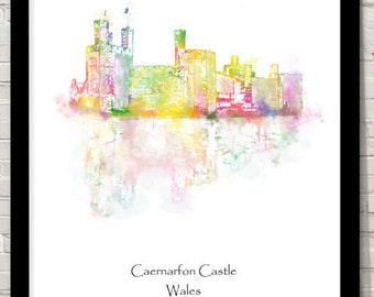 UK Landmarks Caernarfon Castle Wales Watercolour illustration World Landmarks Attractions Famous Landmark Travel Poster historical sites