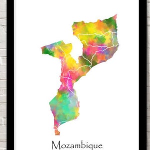 Moçambique arte aquarela ilustração mapa abstrato arte impressão arte da parede decoração de casa giclée impressão escritório arte da parede sala estar mapa decoração