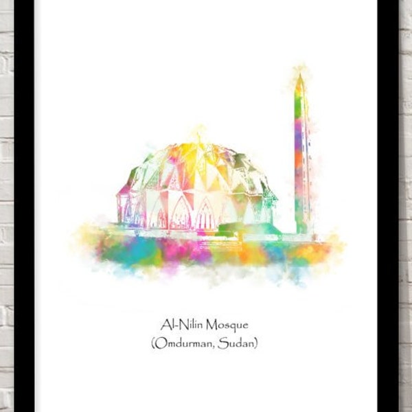 Soedan Al-Nilin Moskee Islamitische kunst Aquarel illustratie Islamitische prints islamitische kunst aan de muur islamitische geschenken moslim geschenken islam kunst