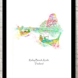 Thailand Kunst Railay Beach Wahrzeichen Aquarell Illustration Druck Welt Wahrzeichen Sehenswürdigkeiten berühmte Wahrzeichen Reise Poster historische Stätte
