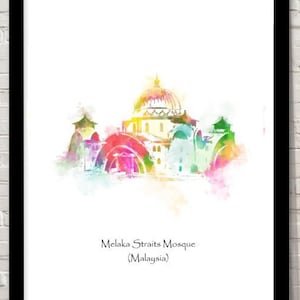 Malaysia Melaka Straits Mosque Islamic art Watercolour illustration Islamic prints islamic wall art islamic gifts muslim gifts islam art