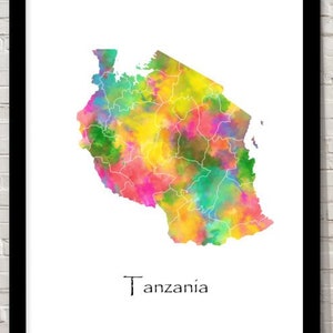Tanzania Sztuka Akwarela Ilustracja Mapa Abstrakcyjna Sztuka Wydruk Ścienny Sztuka Wystrój Domu Giclee Wydruk Biurowy Sztuka Ścienna Sztuka Salonu Wystrój Mapy