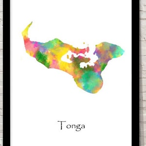 May include: A framed print featuring a watercolour map of Tonga. The map is depicted in a vibrant array of colours, including yellow, green, pink, and blue. The word "Tonga" is written beneath the map in a simple font. The frame is black.