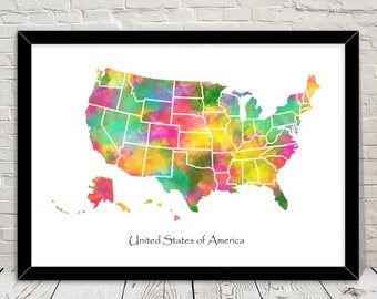 USA Art Watercolour illustration Map Abstract Art print Wall Art Home Decor Giclee Print Office Wall Art Living Room Art Map Decor
