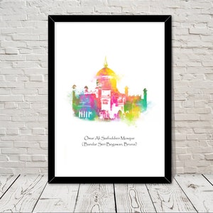 Brunei art Omar Ali Saifuddien Mosque Islamic art Watercolour illustration Islamic prints islamic wall art islamic gifts muslim gifts islam
