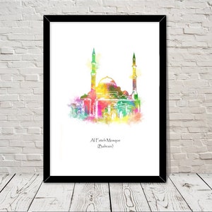Bahrain art Al Fateh Mosque Islamic art Watercolour illustration Islamic prints islamic wall art islamic gifts muslim gifts islam art