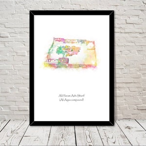 May include: A framed watercolor print of Al-Haram Ash-Sharif (Al-Aqsa compound). The artwork features a colorful, abstract depiction of the site, with shades of pink, green, yellow, and blue. The title is printed in black below the image.