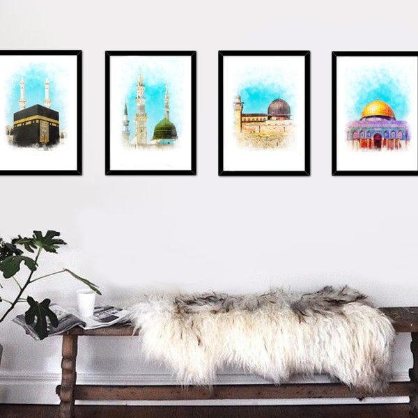 SET OF FOUR - Holy Kaaba, Masjid Nabawi, Masjid al aqsa & Dome of the Rock illustration in watercolour