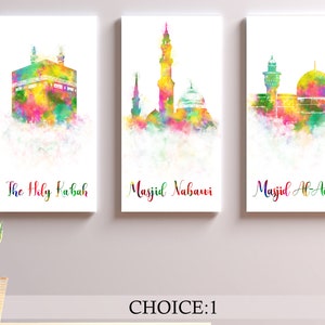 Arte islamica Holy Kaaba Masjid Nabawi Masjid al aqsa Cupola della roccia Al-Aqsa composto Acquerello Arte musulmana Tela tesa Pronta per essere appesa