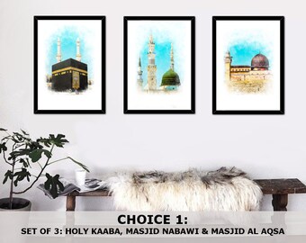 Holy Kaaba Masjid Nabawi Masjid al aqsa Dome of the Rock illustration in watercolour Islam Islamic art Islamic wall art print Muslim gifts