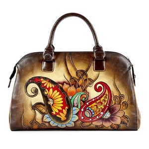 Leather Hand Painted Purse,Brown Leather Bag,Women&#39;s Purse,Artistic Cowhide Leather,Tote Bag,Paisley Brown Leather, Everyday Bag,Handpainted