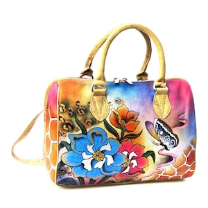 Handpainted Leather Purse,Colourful Purse,Women&#39;s Leather Bag,Doctor Bag,Mothers Day Gift,Flowers,Butterflies,Summer Bag,HandPainted Bag
