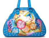 Hand Painted Leather Bag,Artistic Leather Purse,Handpainted Purse,Cowhide Leather,Shoulder Bag,Mothers Day Gift,Handpainted Leather Bag,Blue