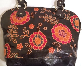 Sac en cuir peint à la main,Sac à main pour femme de taille moyenne,Fleurs,Cuir de mouton,Imprimé floral,Sac sous les bras en cuir,Sac dôme,Sac à main dôme,Été