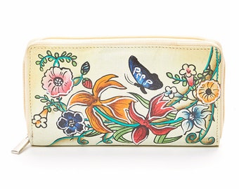Portafoglio in pelle dipinta a mano, portafoglio in pelle da donna, portafoglio in pelle, portafoglio rotondo con cerniera, artistico, dipinto a mano, farfalle, fiori, primavera, vibrante