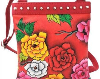 Handpainted Crossbody Bag,Leather Cross Body Bag,Womens Leather Bag,Hand Painted Red Leather,Body Bag,Embellisments,Adjustable Strap,Flowers