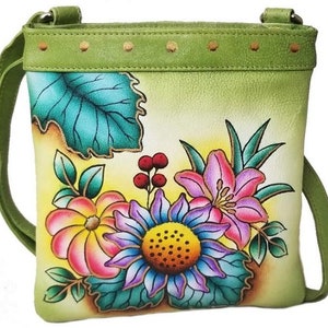 Handpainted Crossbody Bag,Leather Cross Body Bag,Women Leather Bag,Hand Painted Leather,Body Bag,Flowers,Adjustable Strap,Everyday Crossover
