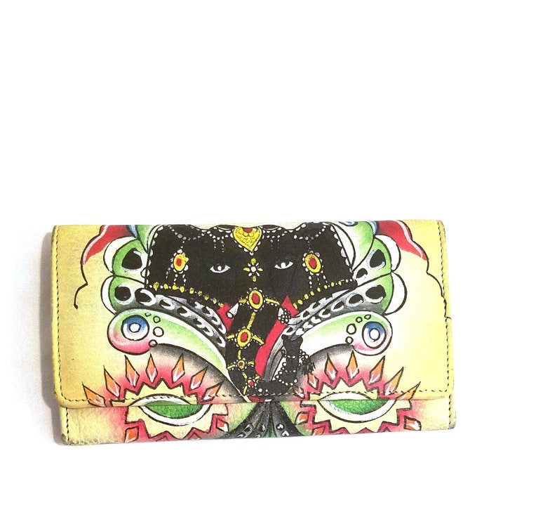Handpainted Leather Wallet,Ladies Leather Wallet,Leather Compartment Wallet,Elephant,Summer,Hand Painted,Yellow Wallet,Leather,Fun