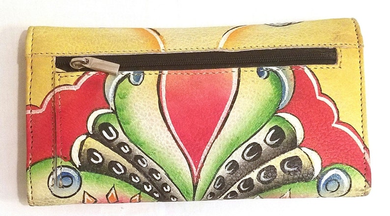 Handpainted Leather Wallet,Ladies Leather Wallet,Leather Compartment Wallet,Elephant,Summer,Hand Painted,Yellow Wallet,Leather,Fun