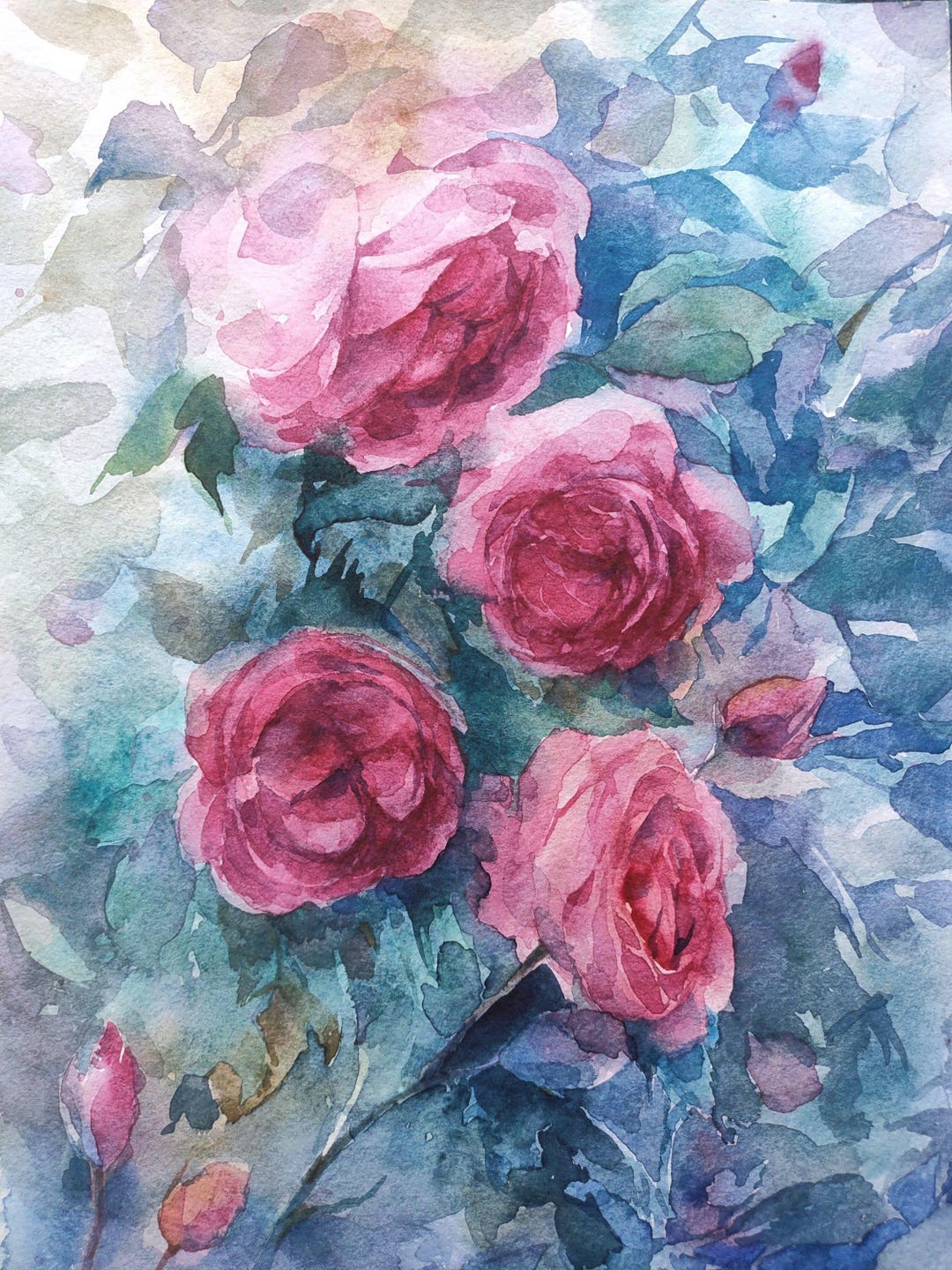 Floral Original Watercolor Painting, Pink Roses in a Blooming Garden ...
