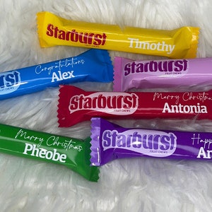 Personalised Starburst sweets, candy, Xmas, waterproof glossy wrapper, christmas red, green, yellow, customised, any text/name, label 45g